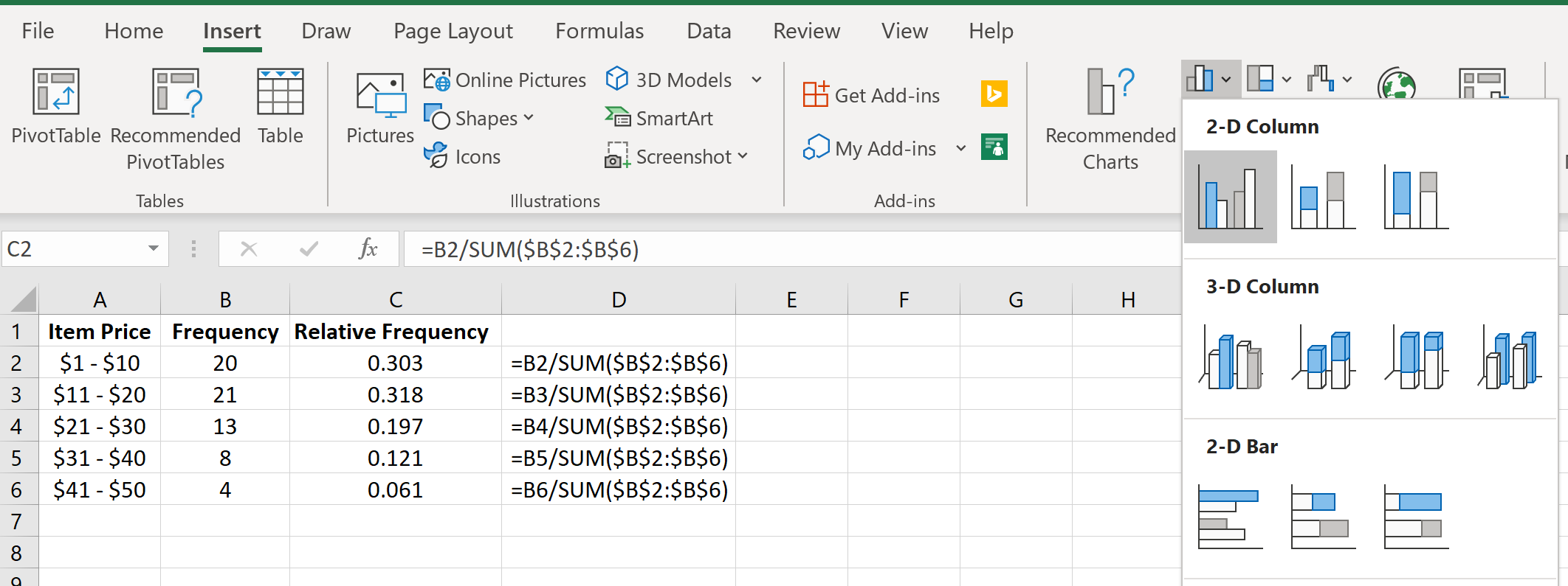 Relative frequency histogram in Excel